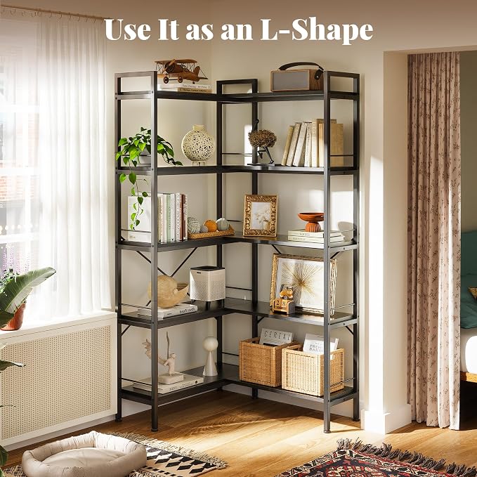 Huuger 5 Tier Bookshelf, L Shaped Corner Bookshelf - Image 4