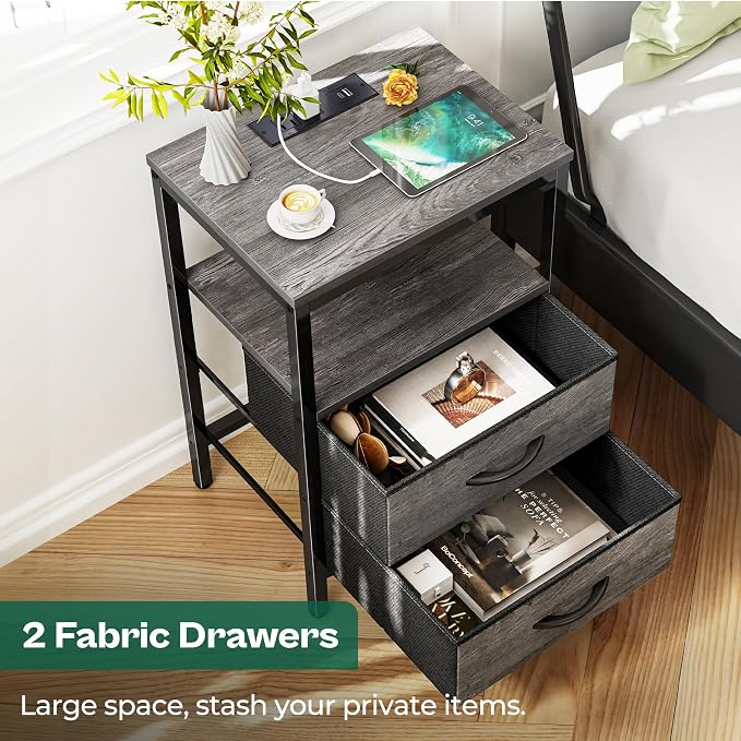 Huuger Nightstand with Charging Station, Fabric Drawers, End Table with Open - Image 5
