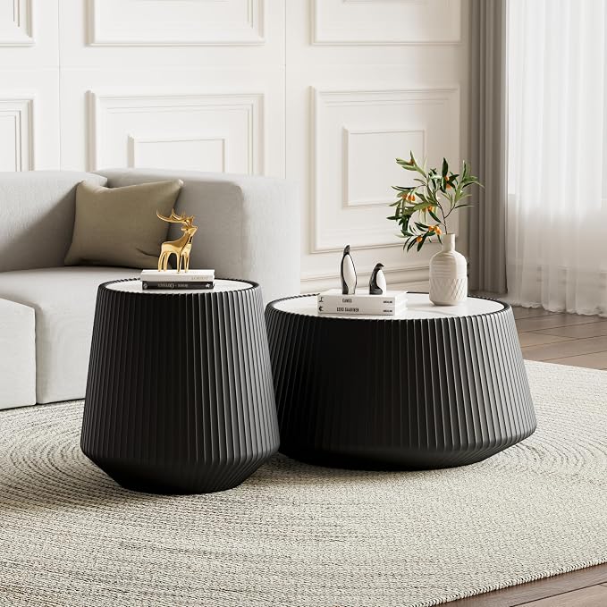 Modern Marble Nesting Coffee Table Set of 2, 26.77" Cup Shaped Coffee and End by Henf
