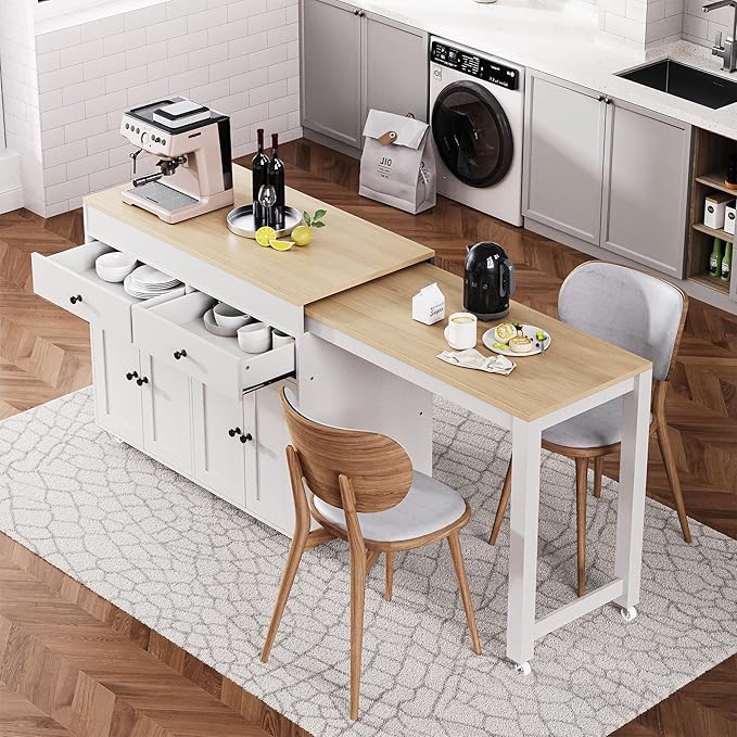 74.5 Inch Kitchen Island with Extendable Dining Table, Rolling Kitchen Island by Unknown