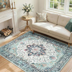RELEANY Washable Area Rug, Teal Green/White/Navy | Non-Slip, Water Repellent - Image 2
