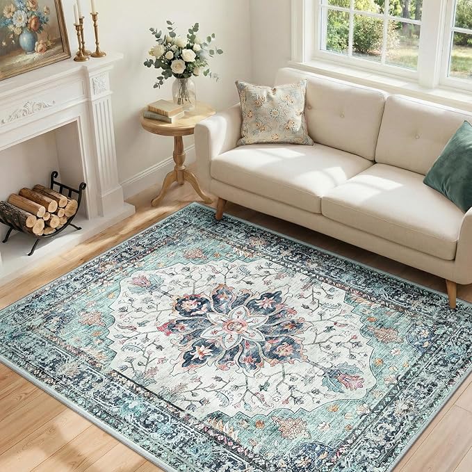 RELEANY Washable Area Rug, Teal Green/White/Navy | Non-Slip, Water Repellent - Image 2