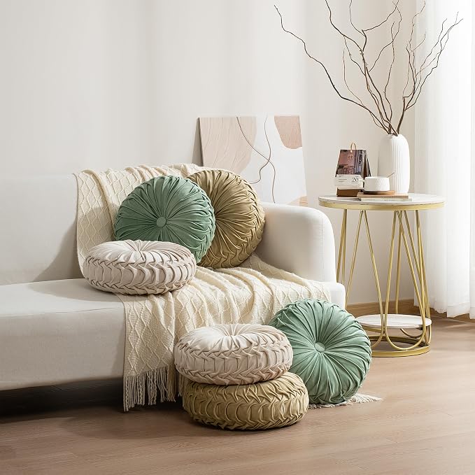 HIG Set of 2 Apricot Velvet Decorative Round Pleated Throw Pillows - Image 5