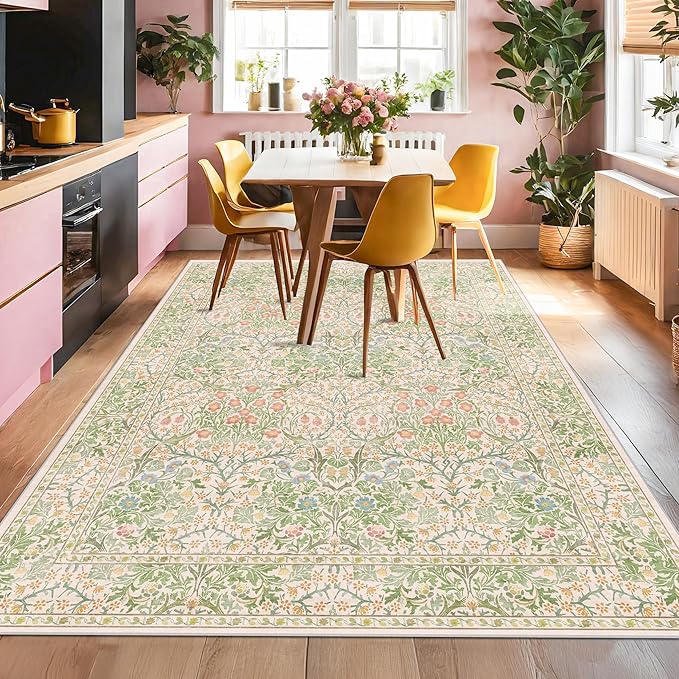Light Beige Green Floral Living Room Rug, 7x9 Washable Area Rug - Image 7