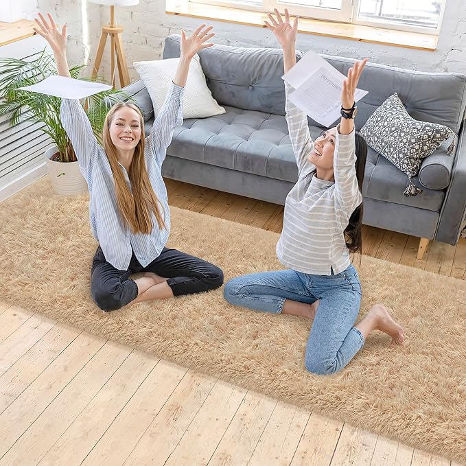 2x10 Bedside Area Rugs for Bedroom Soft Fluffy Shag Beige Rug for Hallway - Image 3
