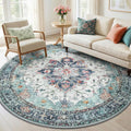 RELEANY Washable Area Rug, Round 6ft, Teal Green/White/Navy | Non-Slip by RELEANY