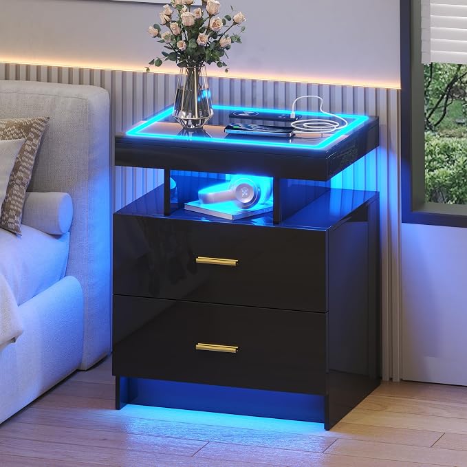 LED Nightstand with Wireless Charging Station, Glass Top Smart Bedside Table - Image 7