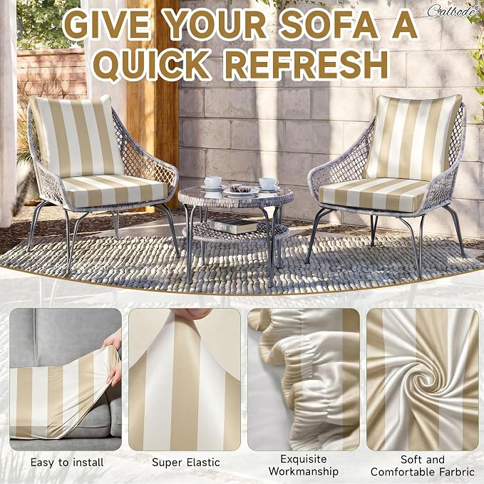CALBODE 12 Pcs Outdoor Seat Cushion Covers, Striped Stretch Chair Seat Cover - Image 4