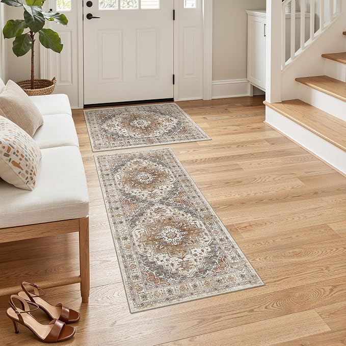Madane 2-Piece Area Rugs Set, Small Kitchen Runner Non-Slip, Turmeric/Grey | by Madane