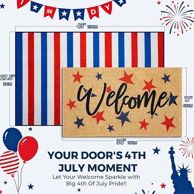 2 Pcs Patriotic Door Mat Set for 4th of July Front Porch Decor, Layered - Image 2