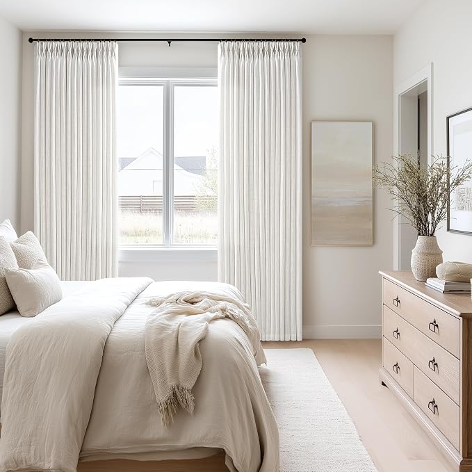 92 Inch Pinch Pleated Beige White Semi Sheer Linen Blend Curtains | Farmhouse - Image 7