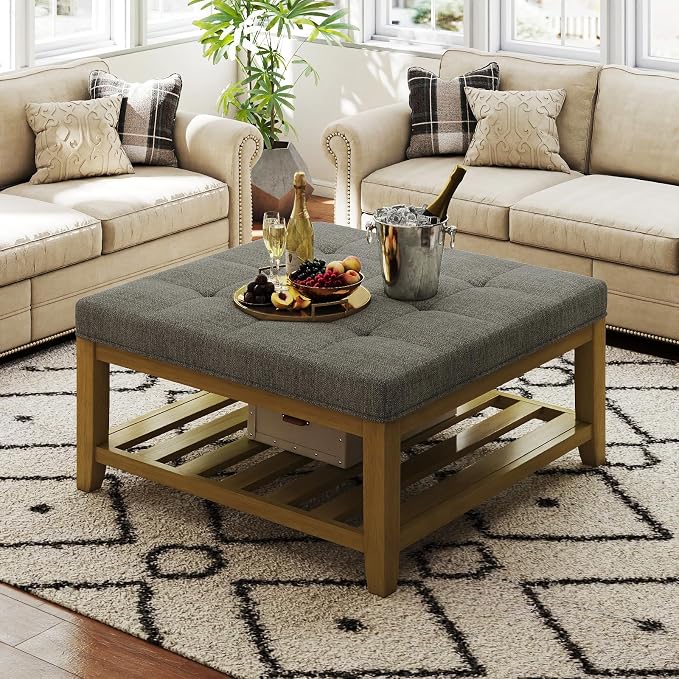Befurtori Large Square Ottoman Coffee Table, Linen Solid Upholstered Footrest by Befurtori