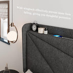 Feonase Full Bed Frame with Charging Station, Linen Upholstered Platform - Image 4