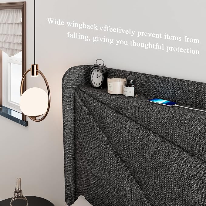 Feonase Full Bed Frame with Charging Station, Linen Upholstered Platform - Image 4