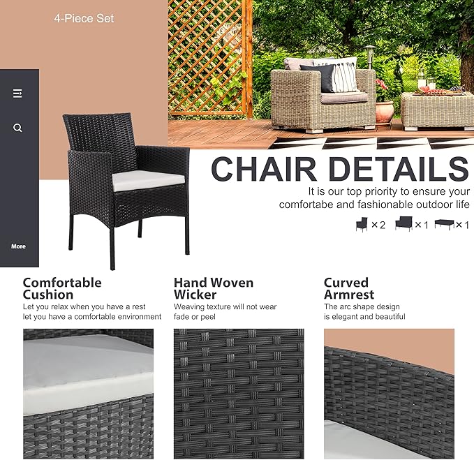 Shintenchi 4 Piece Outdoor Patio Furniture Sets, Small Wicker Patio - Image 5