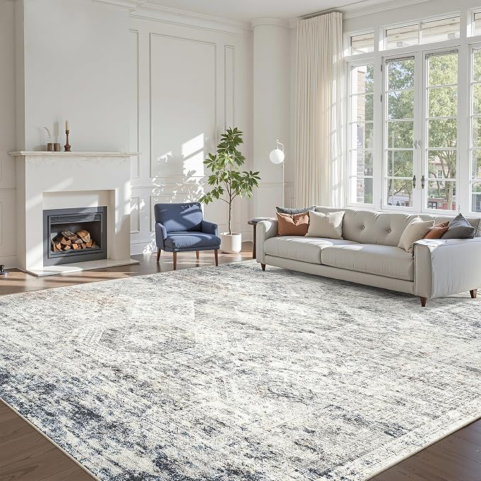 Soalmost 10x14 Area Rugs for Living Room Washable Rug Non-Slip Blue/Ivory | - Image 2