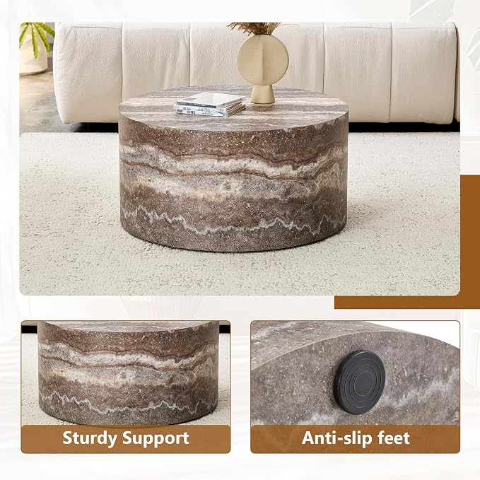 Round Coffee Table, 23.6" Modern Grey Faux Marble Drum Coffee Table, Round - Image 6