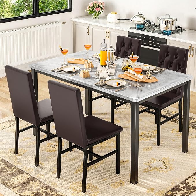 Hooseng Dining Table Set for 4, Faux Marble Small Kitchen Table Chairs Set of 4 - Image 2