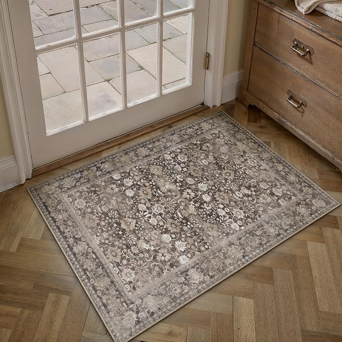 2x3 Coffee Brown Vintage Floral Washable Area Rug by HUGEAR