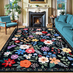 PLHXFR Area Rug 9x12 Living Room: Floral Washable Boho Soft Carpet Black | by PLHXFRSoftAreaRugs