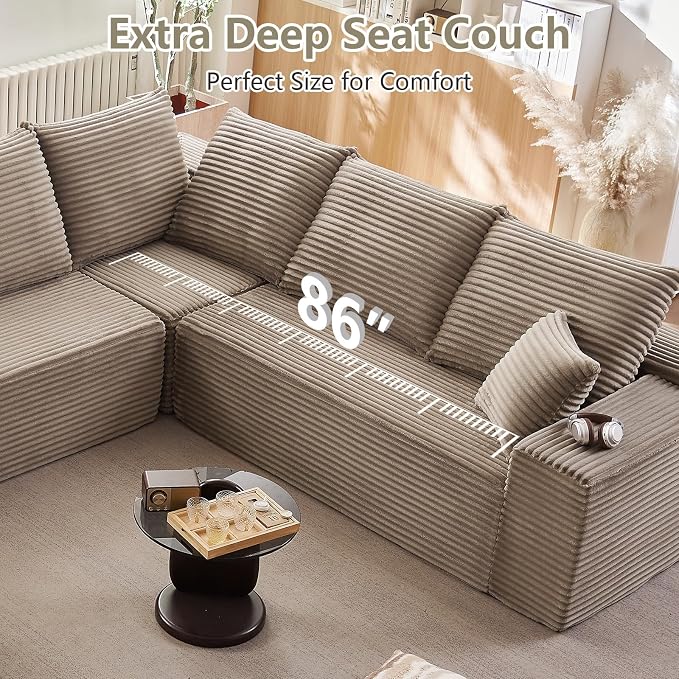 Cloud Sectional Couch with L-Shape Chaise, Upholstered Corduroy Couches - Image 7