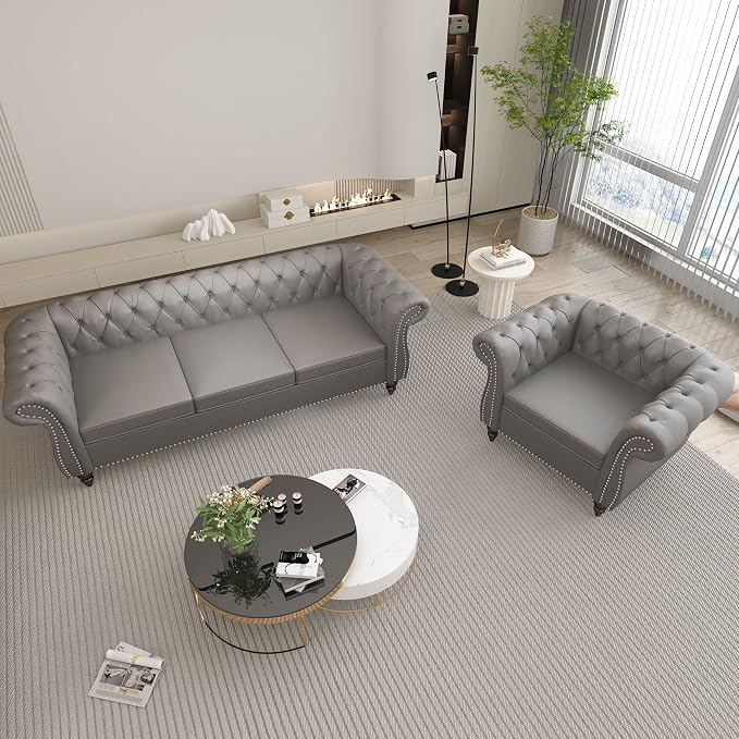 ORRD 2 Piece Living Room Set, Chesterfield Leather Sofa Loveseat Couch Chair - Image 8