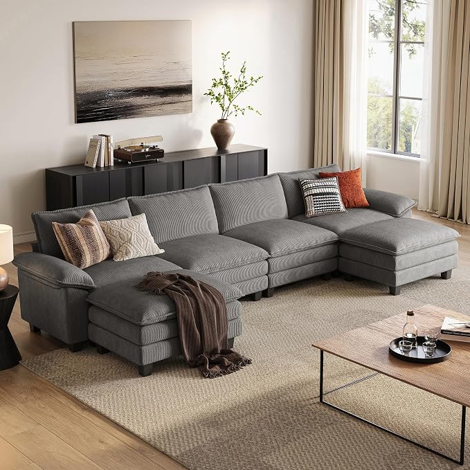 LINSY HOME 157" Modular U-Shaped Sectional Sofa, 4-Seat Corduroy Modern Cloud by LINSYHOME