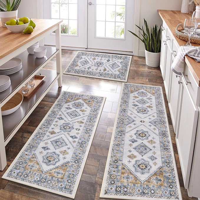HEBE Boho Kitchen Rugs Set of 3, Non Slip Washable Kitchen Mats by HEBE