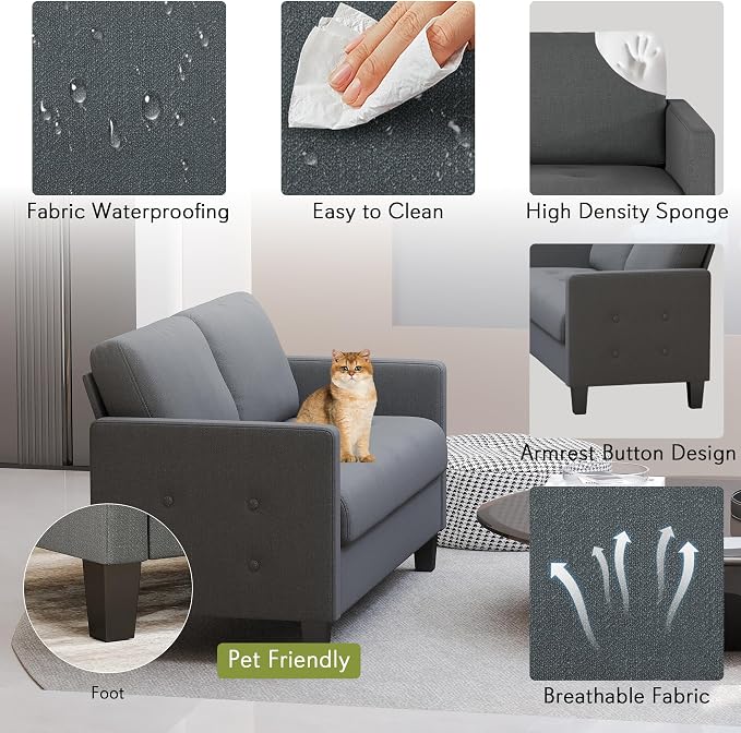 STHOUYN Comfy Loveseat Sofa Small Grey Couch, Small Love Seat Bedroom, Mid - Image 4