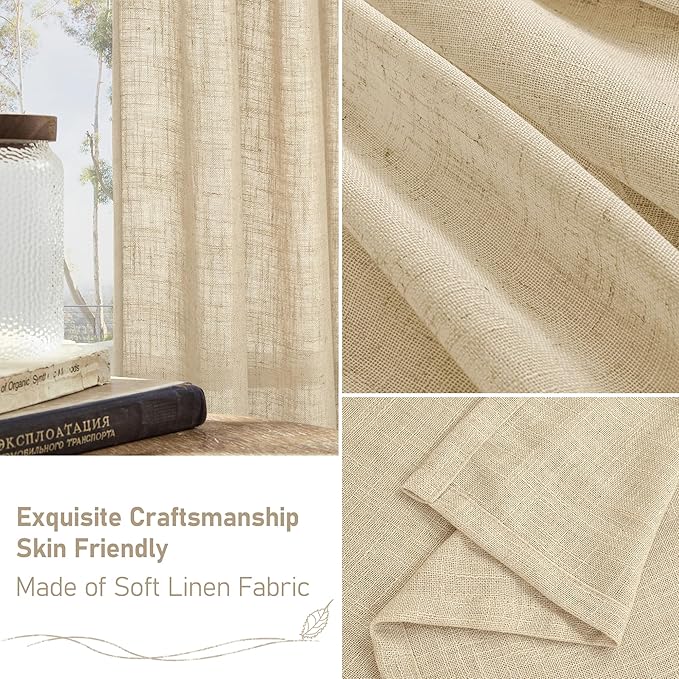Natural Linen Curtains 90 Inch for Living Room, Semi Sheer Panels | Soft Thick - Image 6