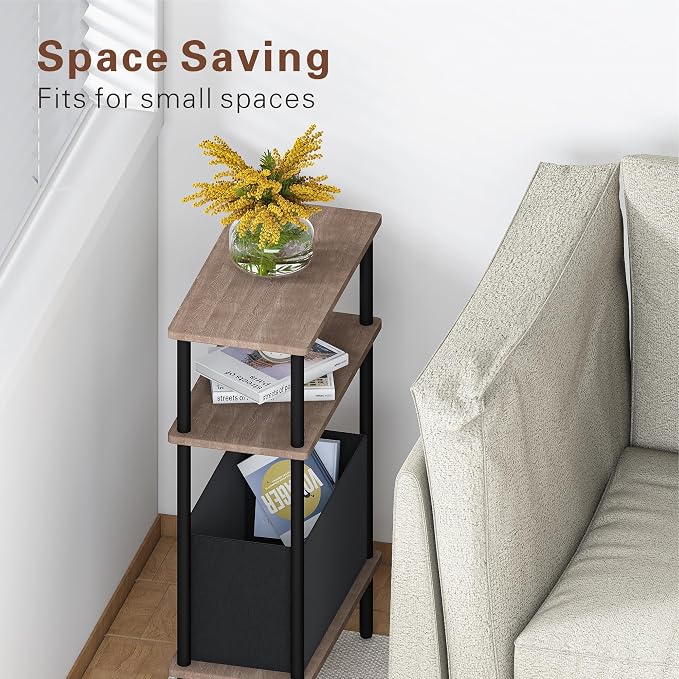 Narrow Side Table with Fabric Basket, Slim Nightstand with 3-Tier Storage Shelf - Image 5