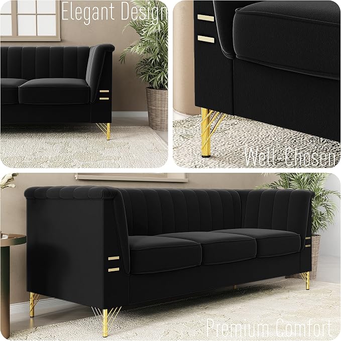 83.46" W Black Velvet Sofa Couch - Image 4