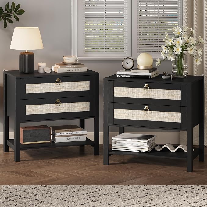 Xixini Nightstand Set of 2, Rattan Boho Bedside Table by Xixini