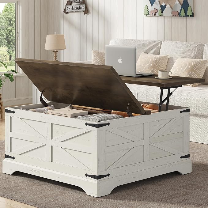 Furnideco 35.5''W Square Coffee Table Farmhouse Lift top Coffee Table - Image 3