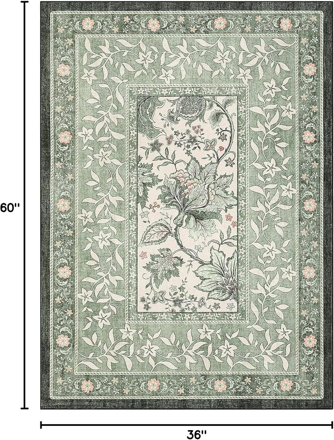 GarveeHome Provence Sage Green 3x5 Rug Washable Non-Slip Low-Pile Indoor Rugs - Image 2