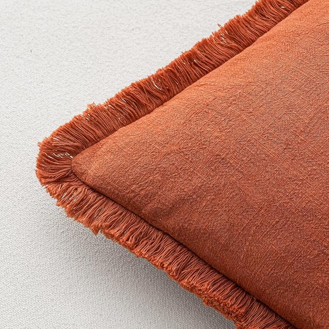 MIULEE Linen Fringe Decorative Fall Throw Pillow Covers Burnt Orange 20x20 | - Image 6