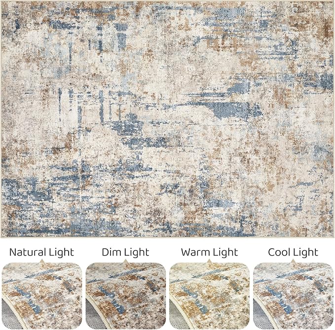 LOONGRUG 4x6 Area Rug Machine Washable Neutral Modern Rugs Blue Tan | Abstract - Image 9