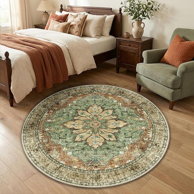 RELEANY Washable Area Rug, Round 4ft, Brick/Brown/Green | Non-Slip, Water by RELEANY