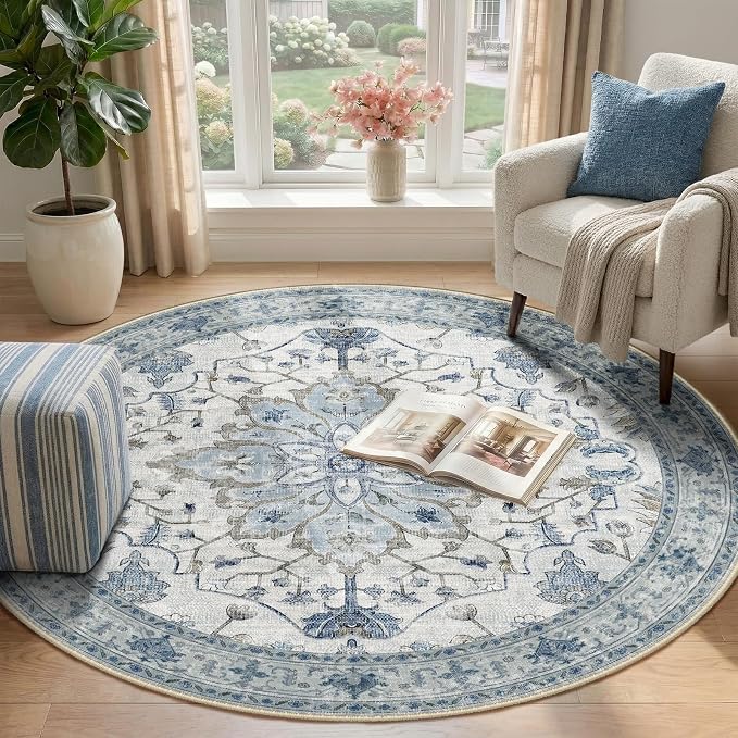 RELEANY Washable Area Rug, Round 4ft, Water Repellent, Pet Friendly, Vintage - Image 2