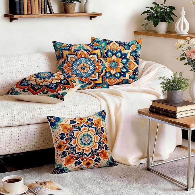 OBSEDE Boho Mandala Throw Pillow Covers Set of 4, 18x18 Inch Blue and Orange - Image 9