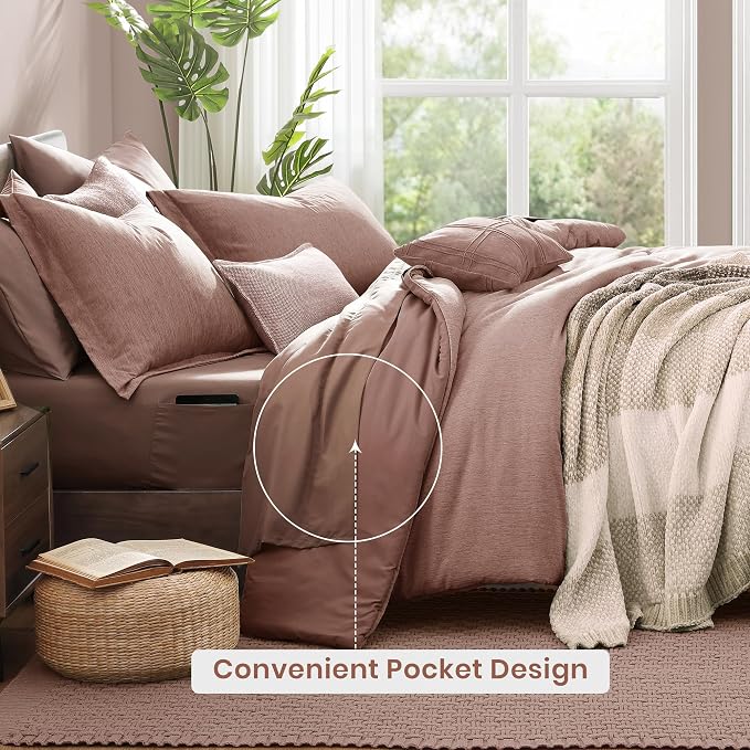 Monbix King Size Comforter Set, 7 Pieces Dusty Pink Cationic Dyeing Bed in a - Image 4