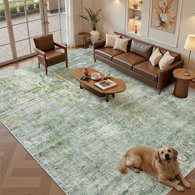 Soalmost Abstract Rug 8x10 Large Living Room Area Rugs Washable Green/Ivory | by Soalmost