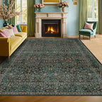 Vintage Dark Green Living Room Rug, 7x10 Washable Area Rugs - Image 9