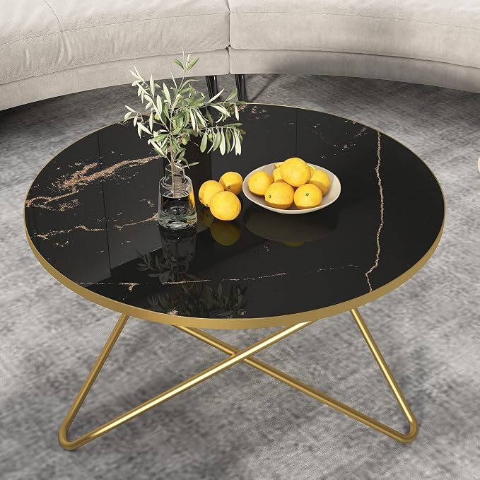 HLR Round Coffee Table with Black Faux Marble Top by HomeDeservesaRelaxLiving