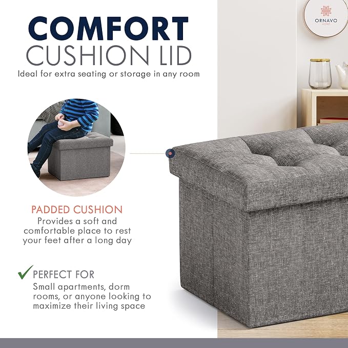 Ornavo Home Small Storage Ottoman, Foldable Collapsible Rectangle Linen Ottoman - Image 6
