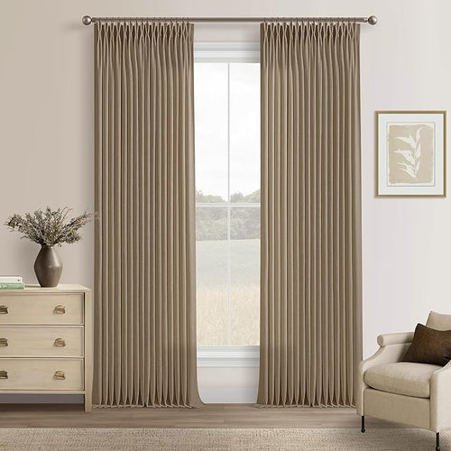 102 Inch Light Brown Thick Linen Pleated Semi Sheer Curtains by Twodrapes