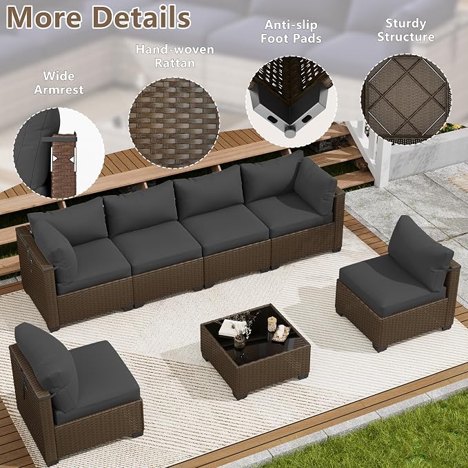 LOUVIXA 7 Piece Outdoor Patio Furniture Set, Outdoor Sectional Sofa, Wicker - Image 6
