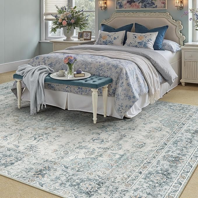 5x7 Light Blue Retro Floral Washable Area Rug - Image 2