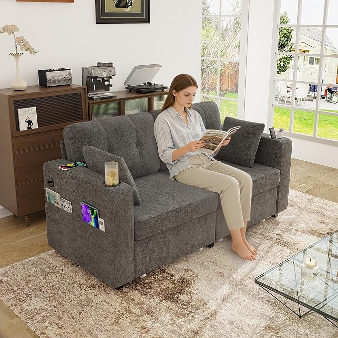 67" Small Loveseat Couch with Storage, USB Charging and Cup Holder, Space - Image 7