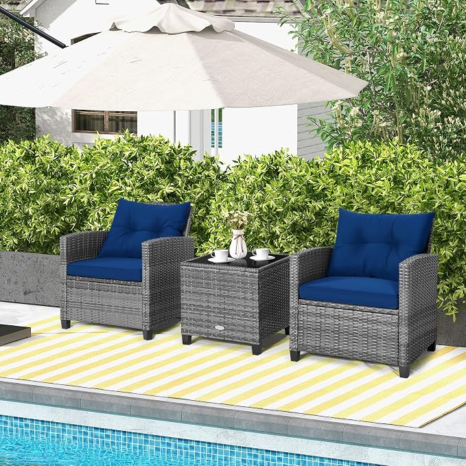 Tangkula 3 Pieces Patio Furniture Set, Outdoor PE Rattan Conversation Chair Set - Image 4